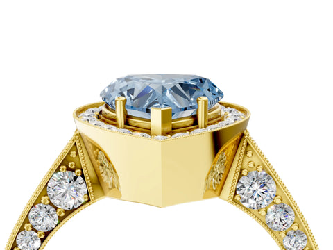 Yellow gold Fancy Blue Heart Cut Halo Diamond Engagement Ring with Split Shank Band and Four-Prong Setting_4