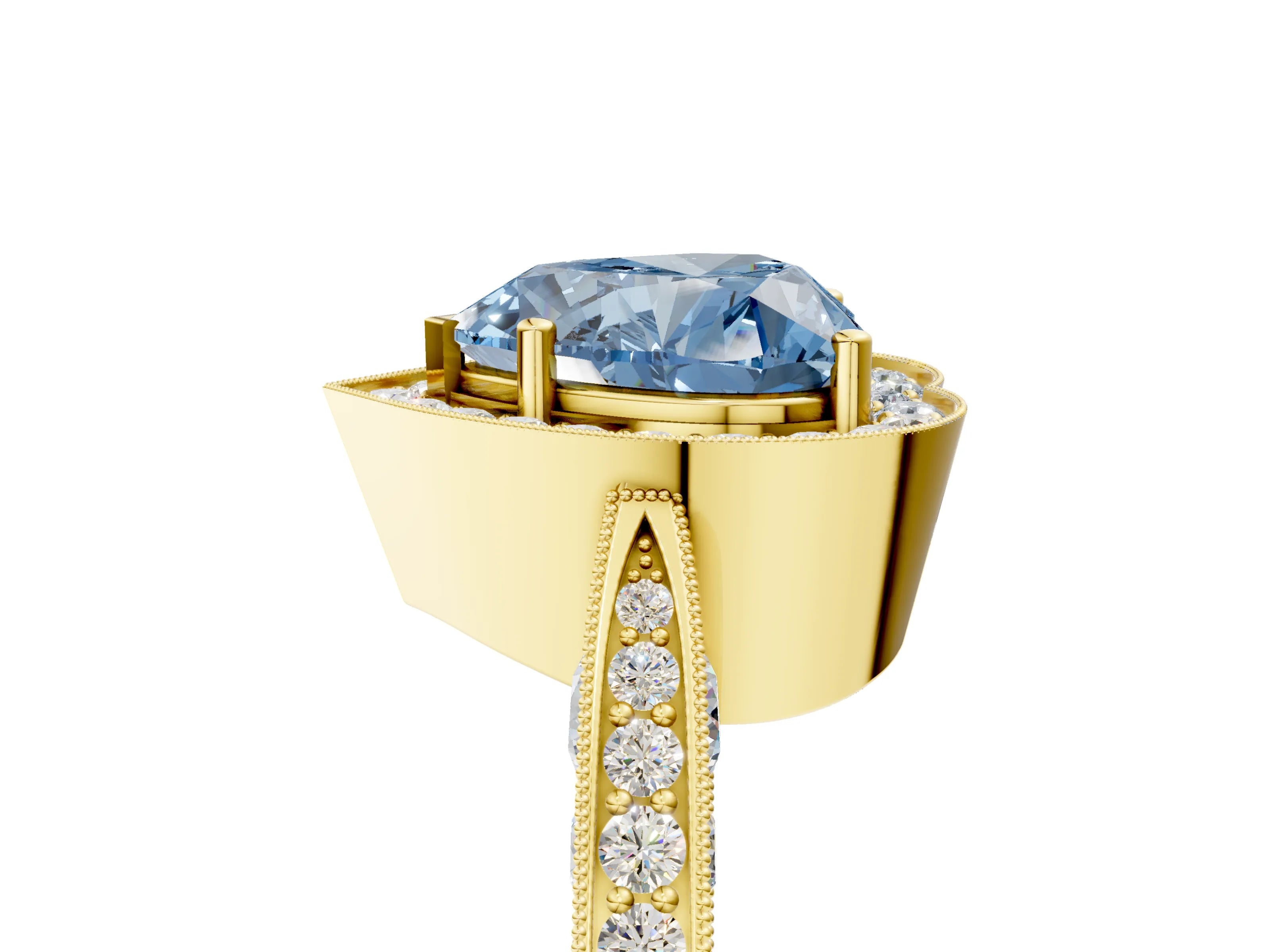 Yellow gold Fancy Blue Heart Cut Halo Diamond Engagement Ring with Split Shank Band and Four-Prong Setting_5