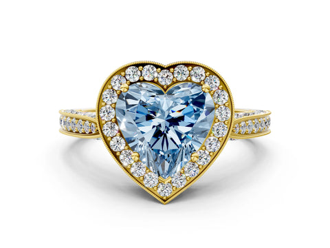 Yellow gold Fancy Blue Heart Cut Halo Diamond Engagement Ring with Split Shank Band and Four-Prong Setting