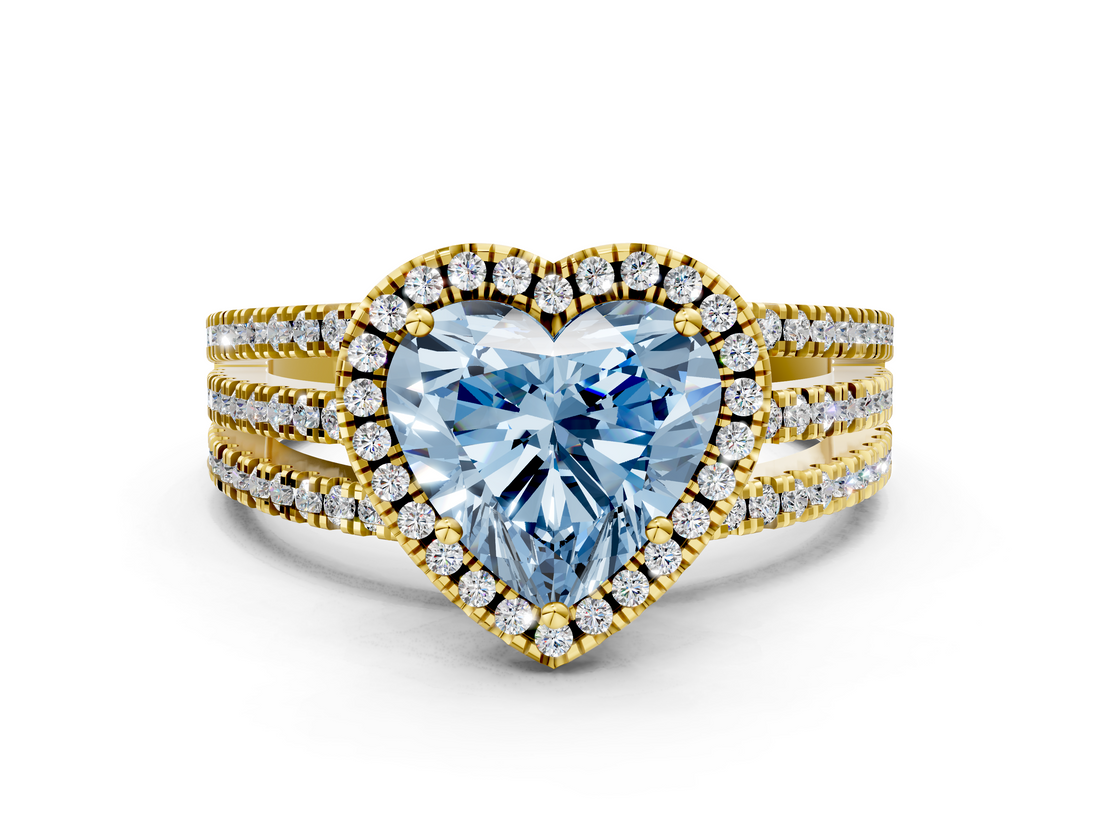 Yellow gold Fancy Blue Heart  Cut Halo Diamond Engagement Ring with Split Shank and Four-Prong Setting_20