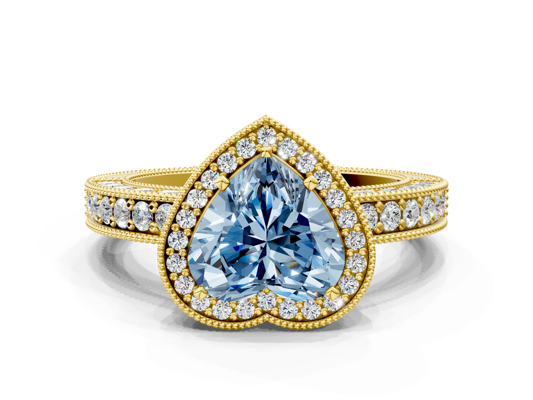 Yellow gold Fancy Blue Heart  Cut Halo Diamond Pave Band Ring with Four-Prong Setting_45