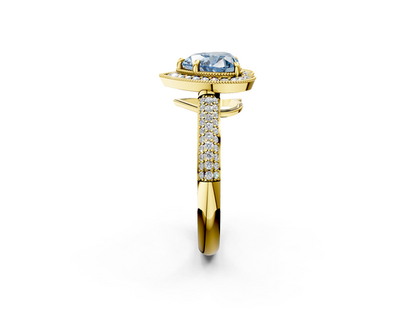Yellow gold Fancy Blue Heart  Cut Halo Diamond Pave Band with Four-Prong Setting