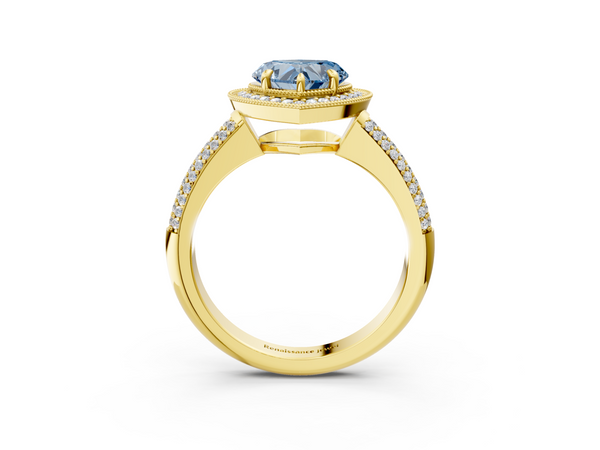 Yellow gold Fancy Blue Heart  Cut Halo Diamond Pave Band with Four-Prong Setting