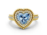 Yellow gold Fancy Blue Heart Cut Halo Diamond Ring with Beaded Split Shank and Four-Prong Setting