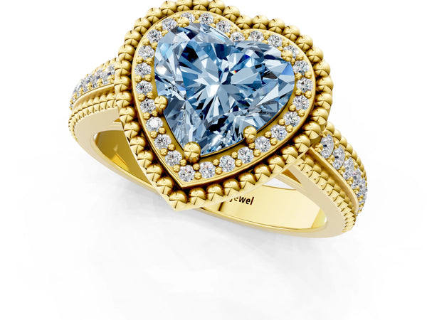 Yellow Gold Heart-Shaped Beaded Halo Engagement Ring Setting for Fancy Blue Center with Pave