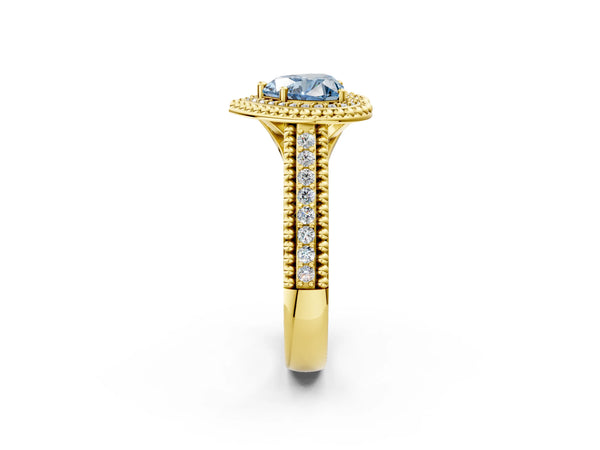 Yellow Gold Heart-Shaped Beaded Halo Engagement Ring Setting for Fancy Blue Center with Pave
