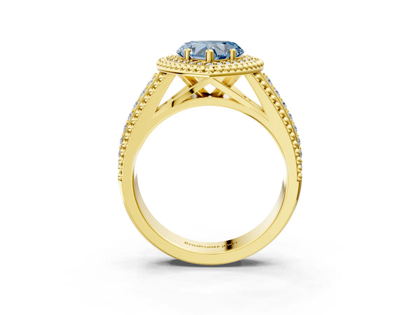 Yellow Gold Heart-Shaped Beaded Halo Engagement Ring Setting for Fancy Blue Center with Pave