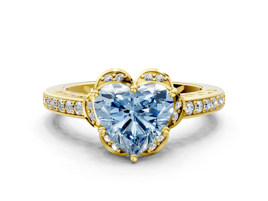 Yellow gold Fancy Blue Heart  Cut Halo Diamond Ring with Channel Set Band and Four-Prong Setting_32