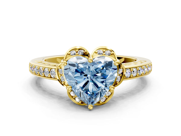 Yellow gold Fancy Blue Heart  Cut Halo Diamond Ring with Channel Set Band and Four-Prong Setting