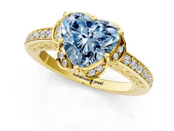 Yellow gold Fancy Blue Heart  Cut Halo Diamond Ring with Channel Set Band and Four-Prong Setting