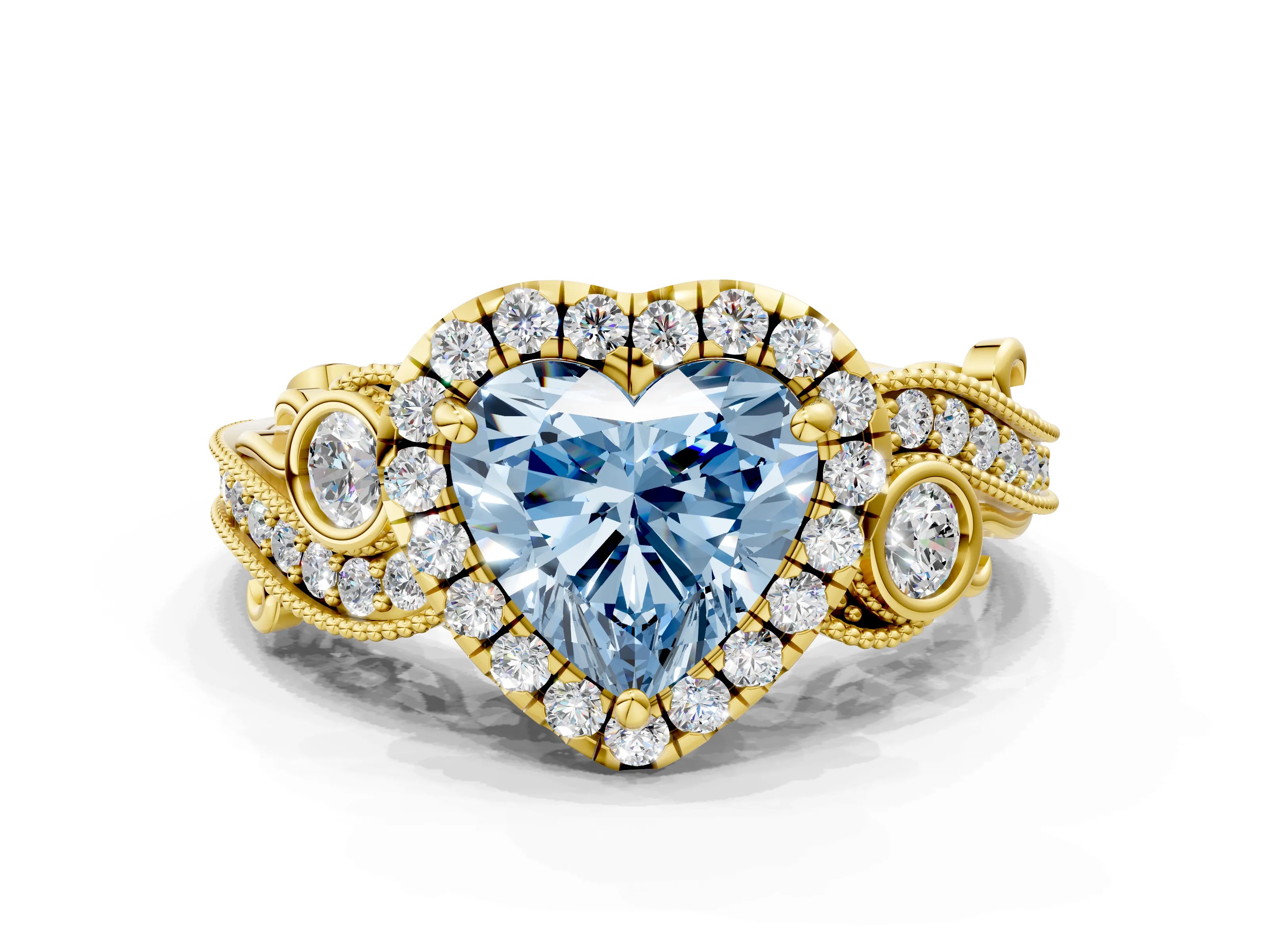 Yellow gold Fancy Blue Heart Cut Halo Diamond Ring with Milgrain and Bezel Accents on a Split Shank Band