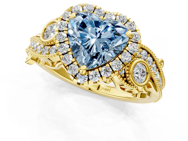 Yellow gold Fancy Blue Heart Cut Halo Diamond Ring with Milgrain and Bezel Accents on a Split Shank Band