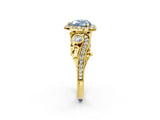 Yellow gold Fancy Blue Heart Cut Halo Diamond Ring with Milgrain and Bezel Accents on a Split Shank Band_14