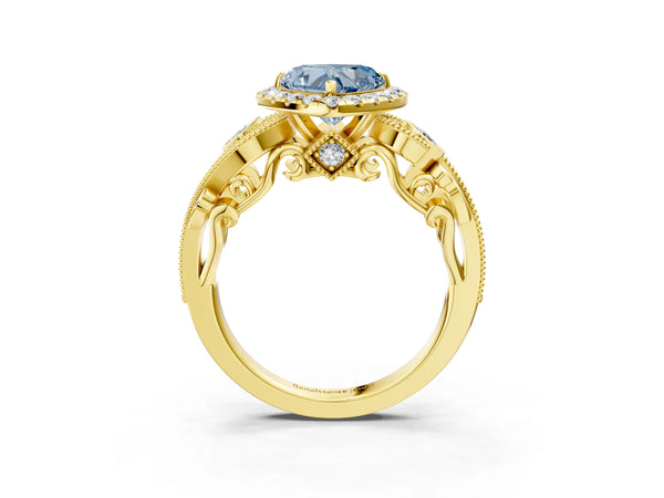 Yellow gold Fancy Blue Heart Cut Halo Diamond Ring with Milgrain and Bezel Accents on a Split Shank Band