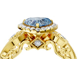Yellow gold Fancy Blue Heart Cut Halo Diamond Ring with Milgrain and Bezel Accents on a Split Shank Band_16