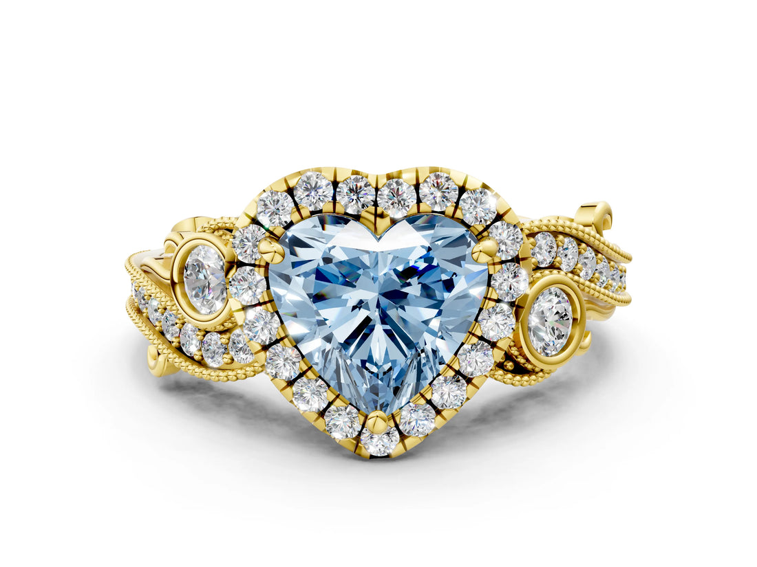 Yellow gold Fancy Blue Heart Cut Halo Diamond Ring with Milgrain and Bezel Accents on a Split Shank Band_24