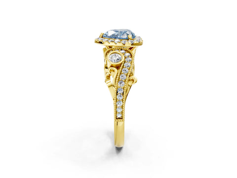 Yellow gold Fancy Blue Heart Cut Halo Diamond Ring with Milgrain and Bezel Accents on a Split Shank Band_2