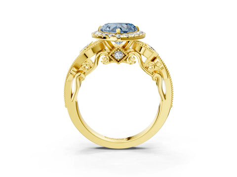 Yellow gold Fancy Blue Heart Cut Halo Diamond Ring with Milgrain and Bezel Accents on a Split Shank Band_3