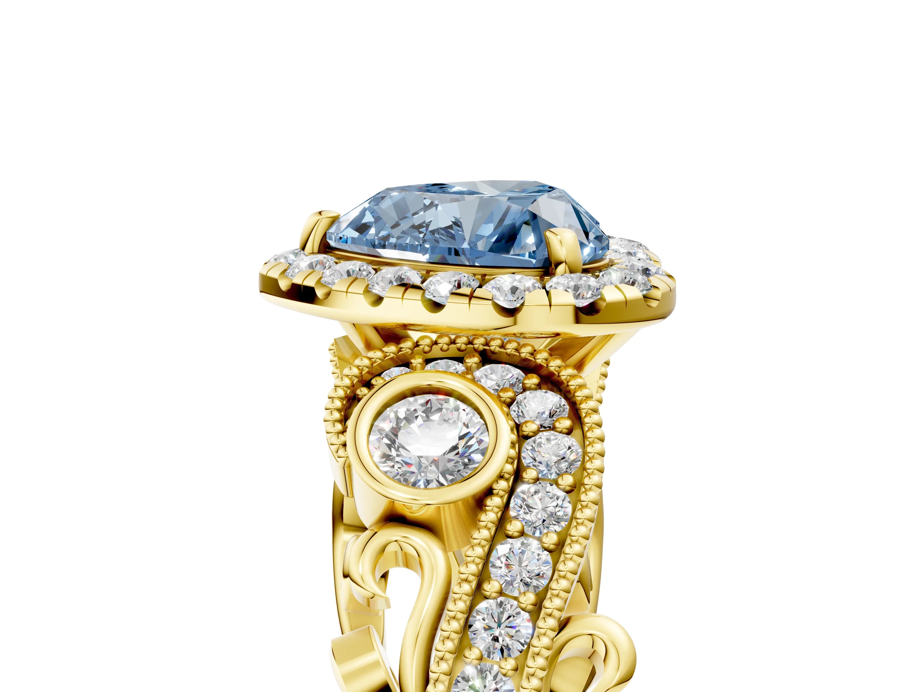 Yellow gold Fancy Blue Heart Cut Halo Diamond Ring with Milgrain and Bezel Accents on a Split Shank Band_5