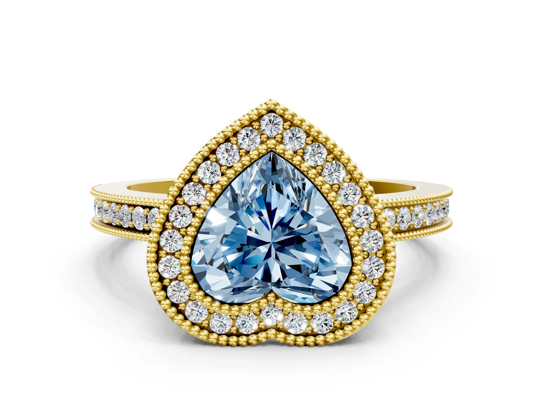 Yellow gold Fancy Blue Heart  Cut Halo Diamond Ring with Pavé Band and Milgrain Prong Setting_32