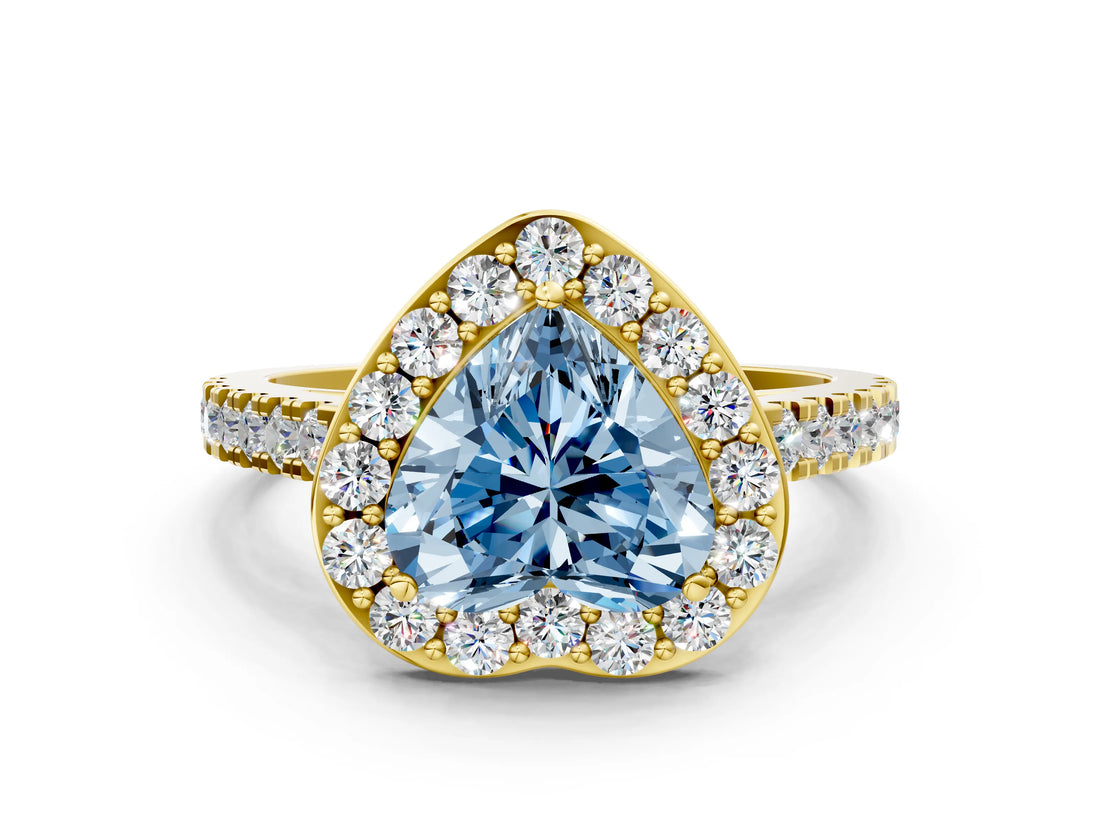 Yellow gold Fancy Blue Heart Cut Halo Diamond Ring with Pavé Band and Three-Prong Setting