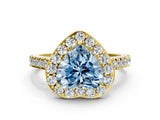 Yellow gold Fancy Blue Heart Cut Halo Diamond Ring with Pavé Band and Three-Prong Setting