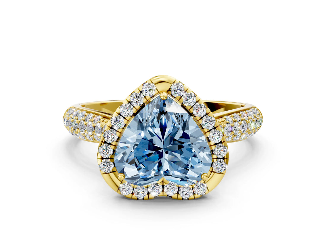 Yellow gold Fancy Blue Heart Cut Halo Diamond Ring with Pavé Band
