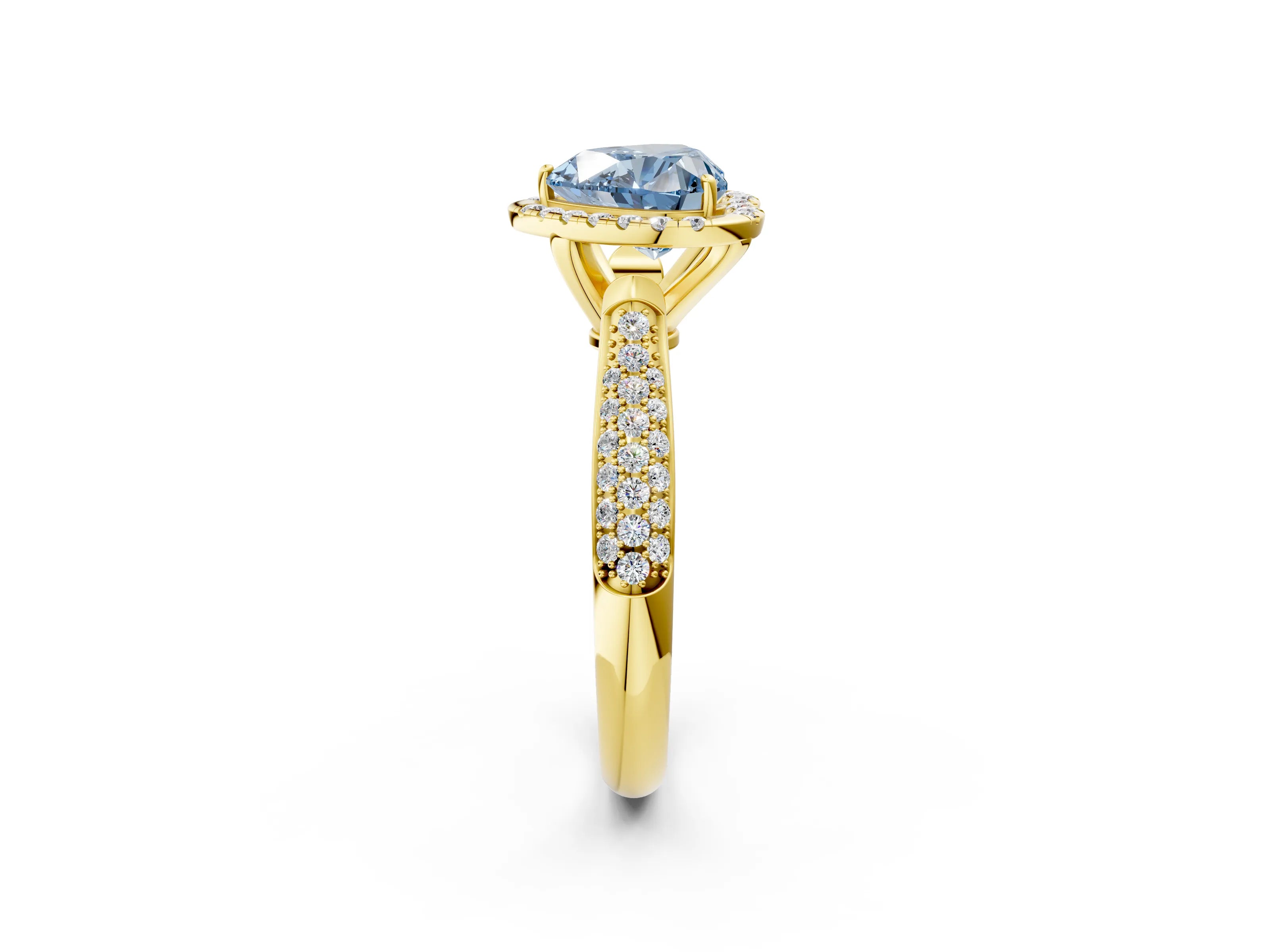 Yellow gold Fancy Blue Heart Cut Halo Diamond Ring with Pavé Band_2
