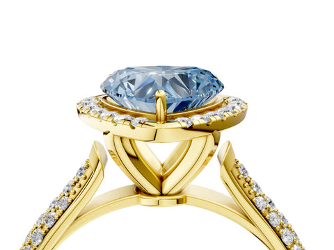 Yellow gold Fancy Blue Heart Cut Halo Diamond Ring with Pavé Band_4