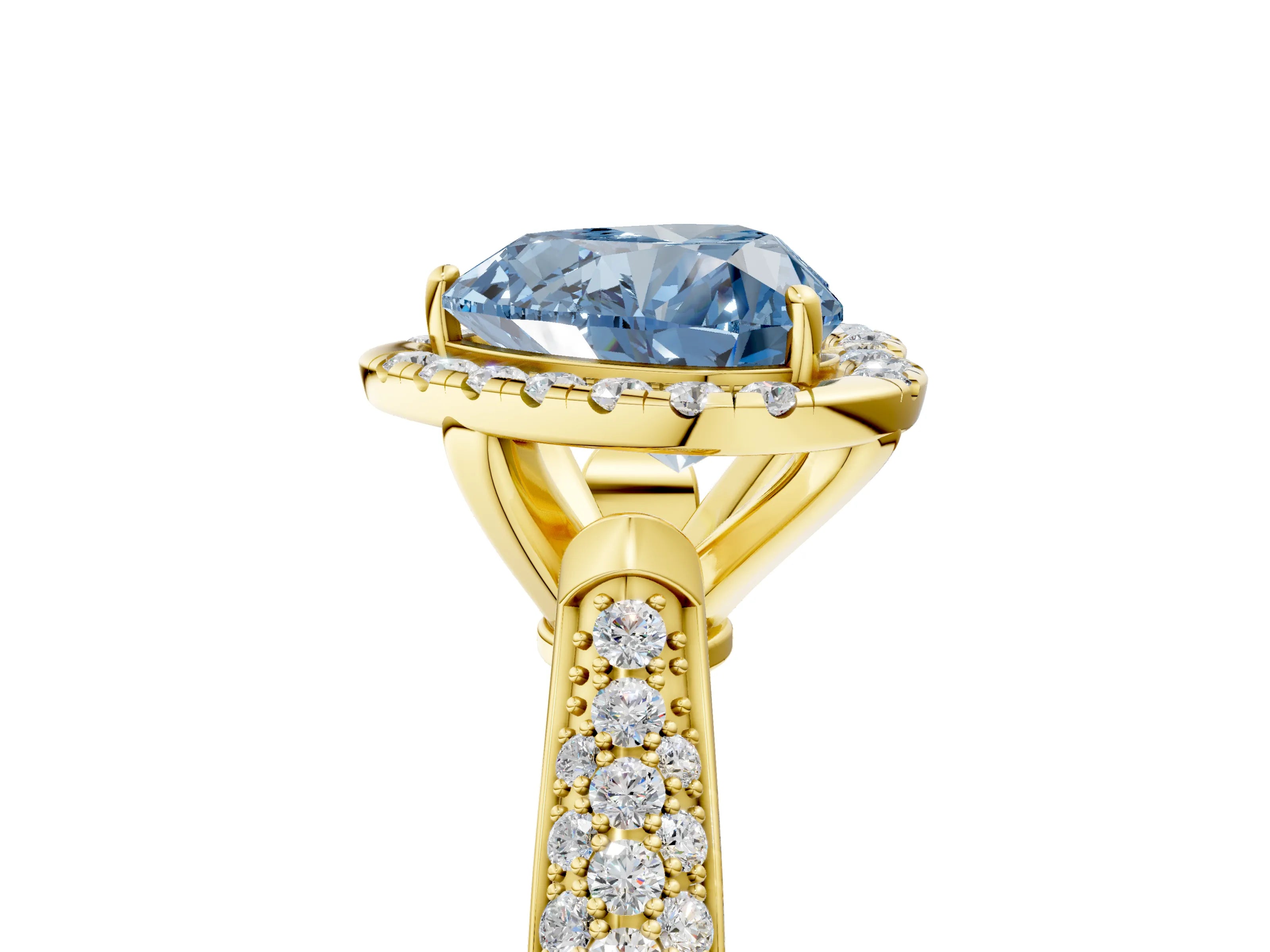 Yellow gold Fancy Blue Heart Cut Halo Diamond Ring with Pavé Band_5