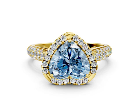 Yellow gold Fancy Blue Heart Cut Halo Diamond Ring with Pavé Band