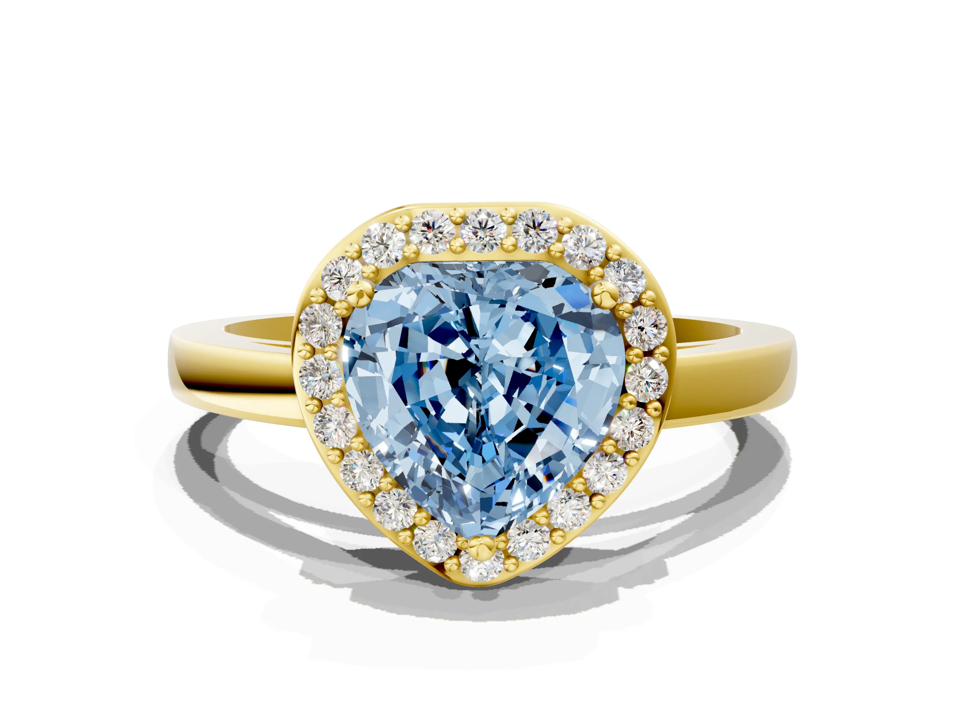 Yellow gold Fancy Blue Heart Cut Halo Diamond Ring with Solitaire Band and Prong Setting