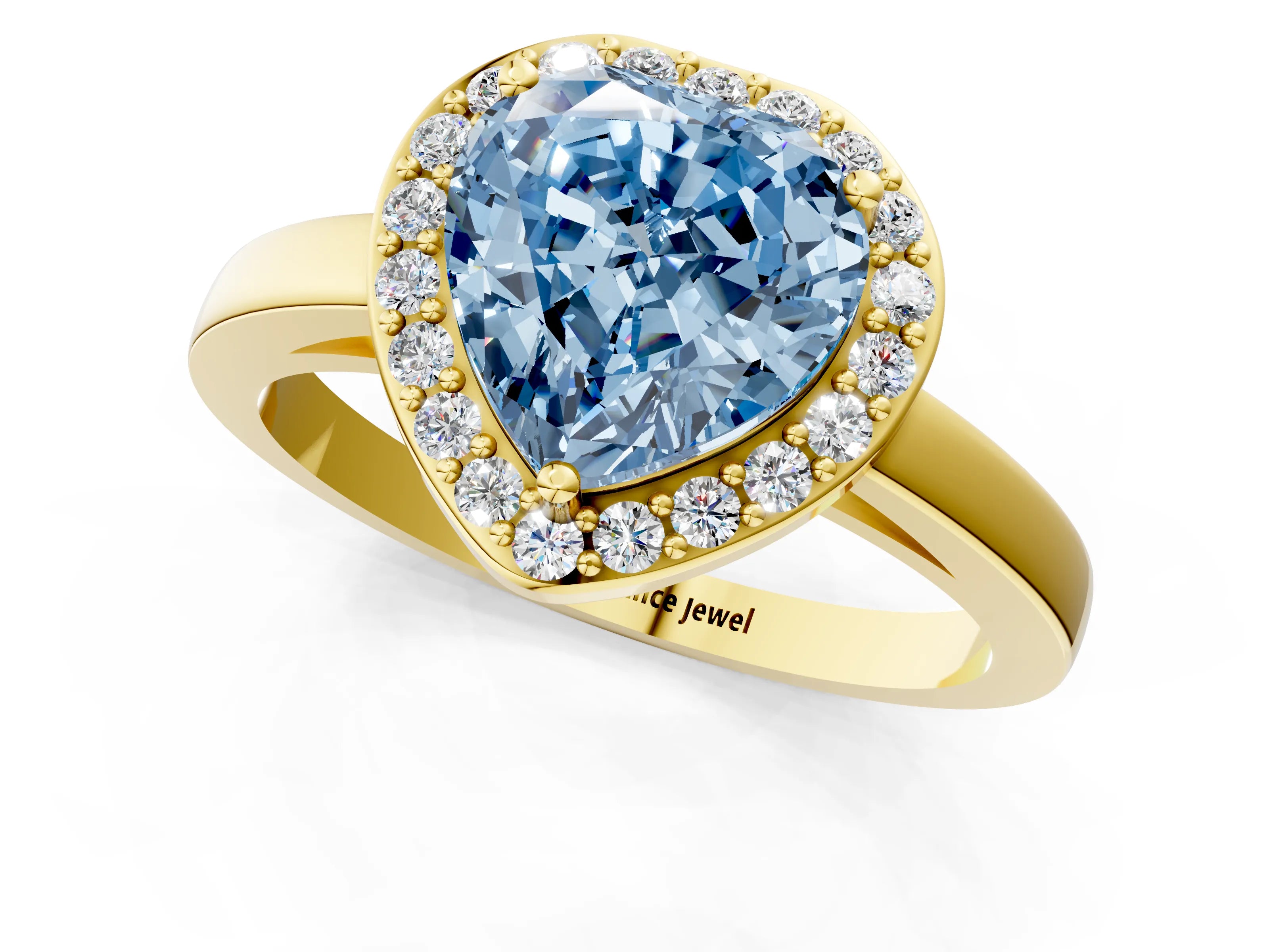 Yellow gold Fancy Blue Heart Cut Halo Diamond Ring with Solitaire Band and Prong Setting_1