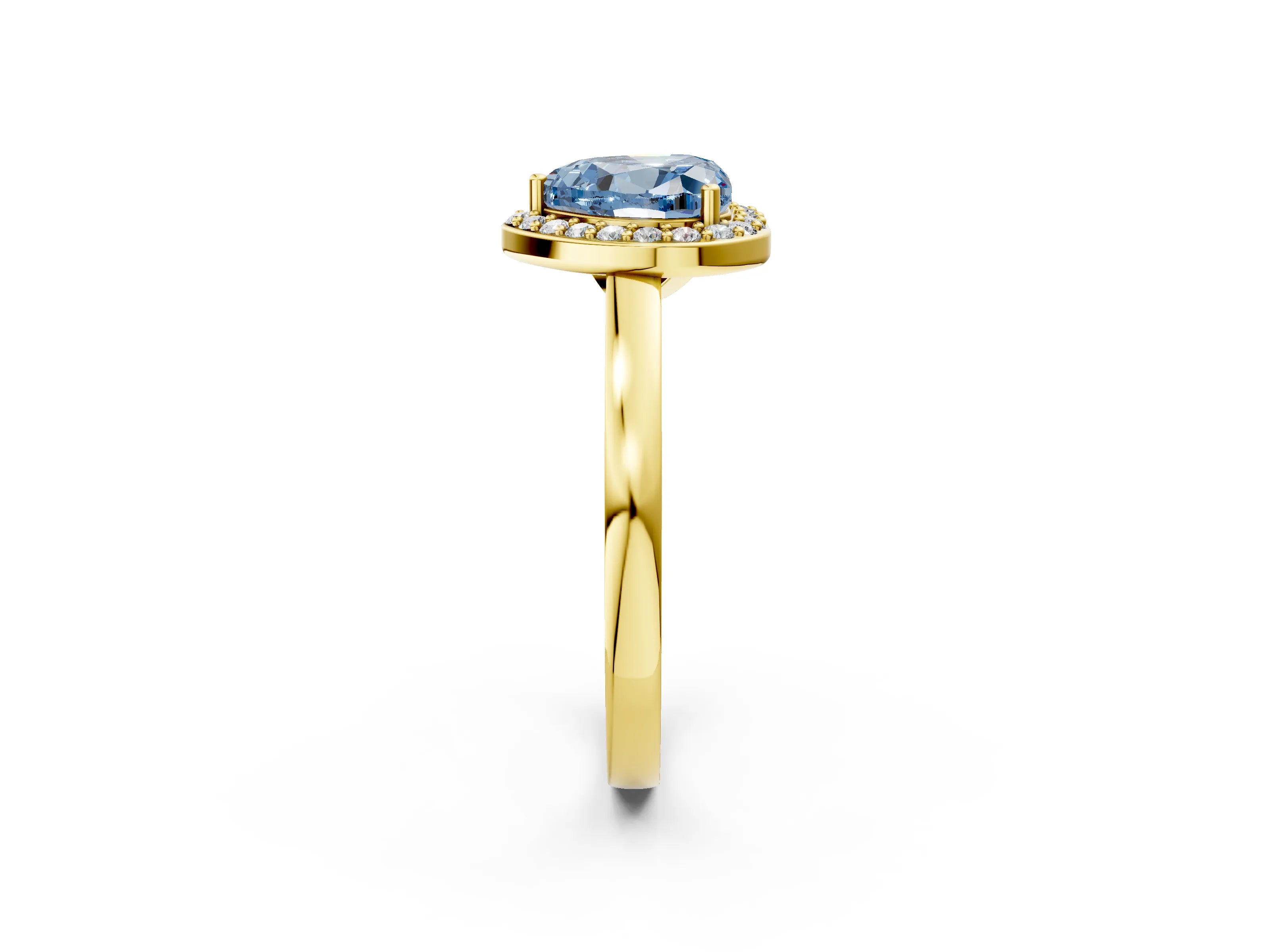 Yellow gold Fancy Blue Heart Cut Halo Diamond Ring with Solitaire Band and Prong Setting_2
