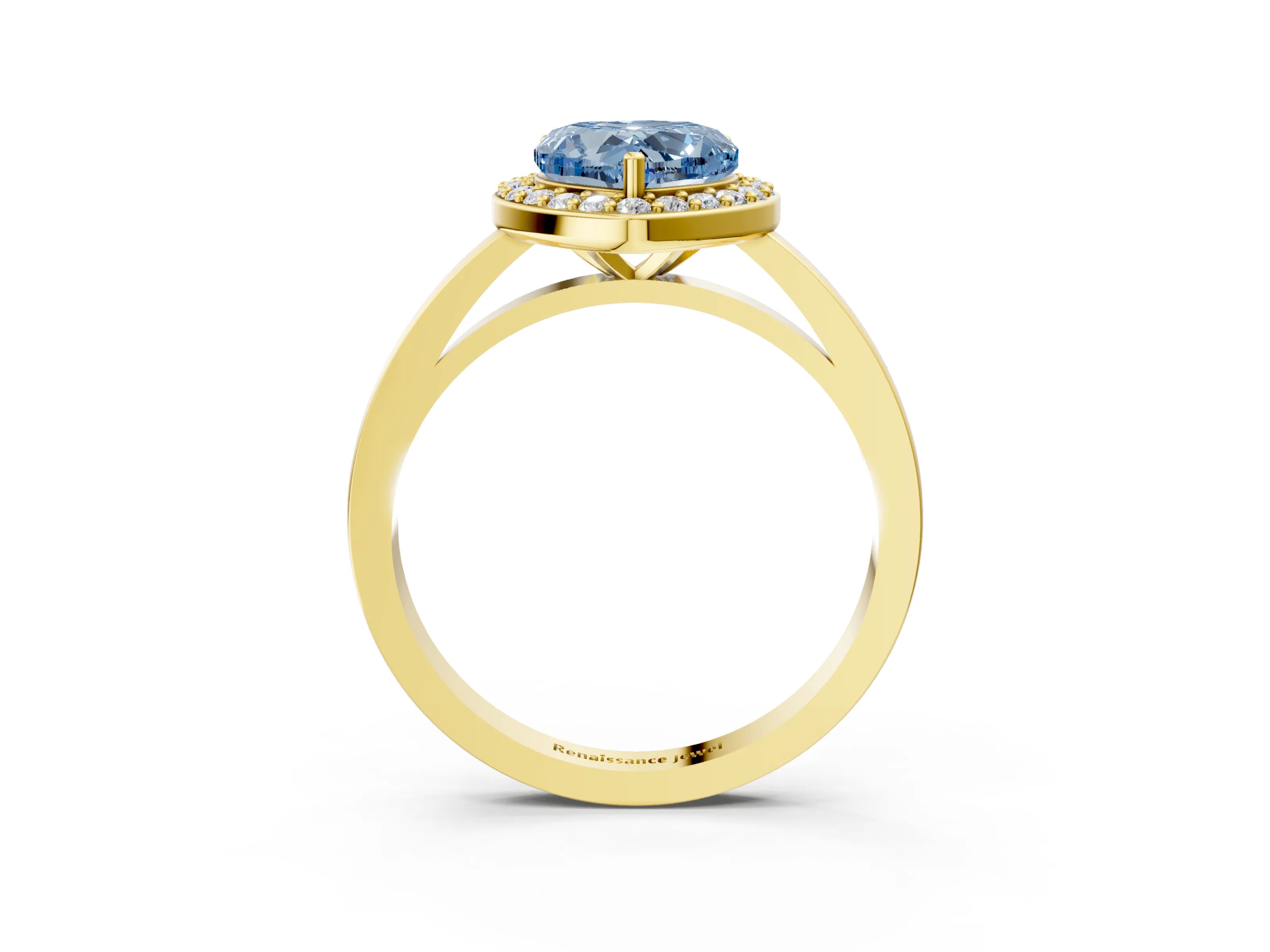 Yellow gold Fancy Blue Heart Cut Halo Diamond Ring with Solitaire Band and Prong Setting_3