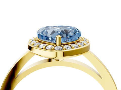 Yellow gold Fancy Blue Heart Cut Halo Diamond Ring with Solitaire Band and Prong Setting_4