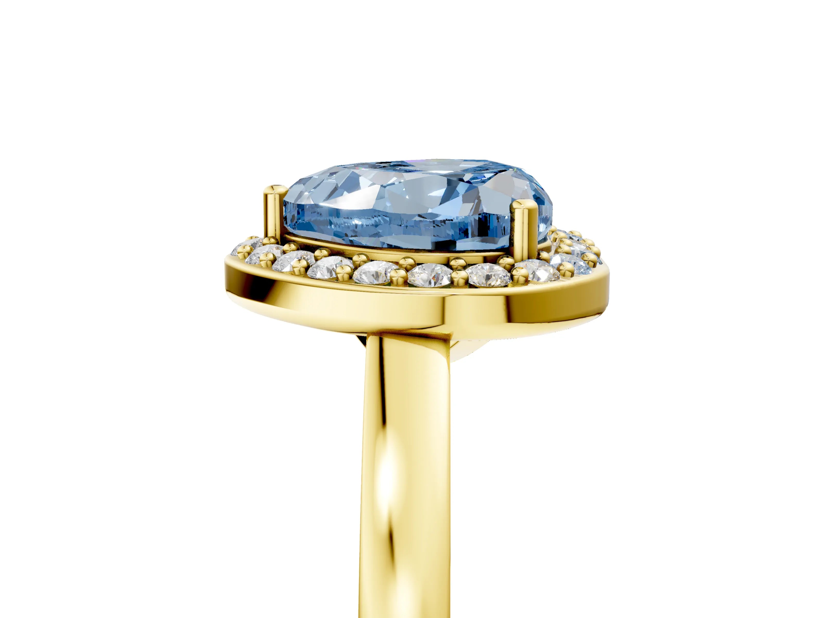 Yellow gold Fancy Blue Heart Cut Halo Diamond Ring with Solitaire Band and Prong Setting_5