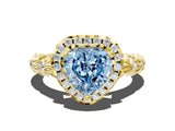 Yellow gold Fancy Blue Heart Cut Halo Diamond Solitaire with Filigree Band and Four-Prong Setting