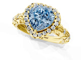 Yellow gold Fancy Blue Heart Cut Halo Diamond Solitaire with Filigree Band and Four-Prong Setting_1