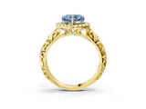 Yellow gold Fancy Blue Heart Cut Halo Diamond Solitaire with Filigree Band and Four-Prong Setting_3