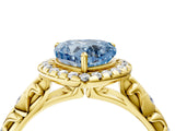 Yellow gold Fancy Blue Heart Cut Halo Diamond Solitaire with Filigree Band and Four-Prong Setting_4