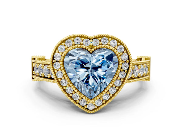 Yellow Gold Heart-Shaped Vintage Bezel Halo Engagement Ring Setting for Fancy Blue Center
