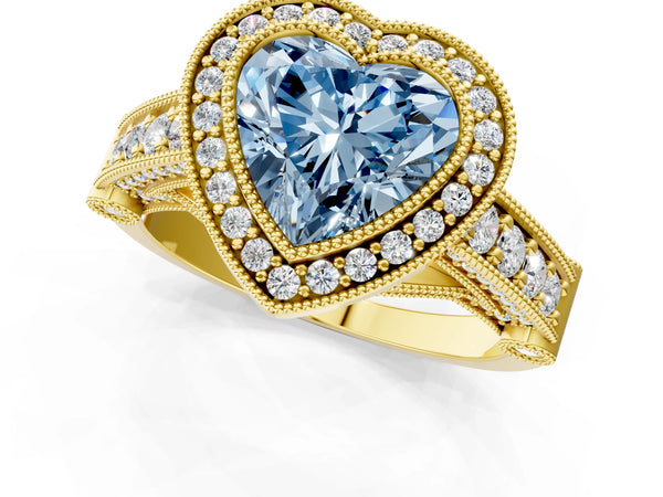 Yellow Gold Heart-Shaped Vintage Bezel Halo Engagement Ring Setting for Fancy Blue Center