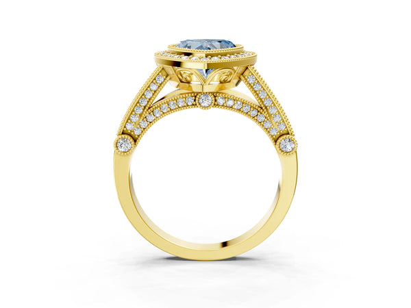 Yellow Gold Heart-Shaped Vintage Bezel Halo Engagement Ring Setting for Fancy Blue Center