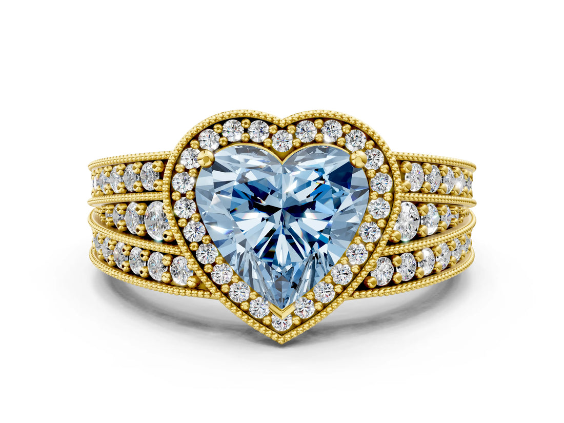 Yellow gold Fancy Blue Heart Cut Halo Diamond Split Shank Ring with Prong Setting