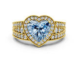 Yellow gold Fancy Blue Heart Cut Halo Diamond Split Shank Ring with Prong Setting