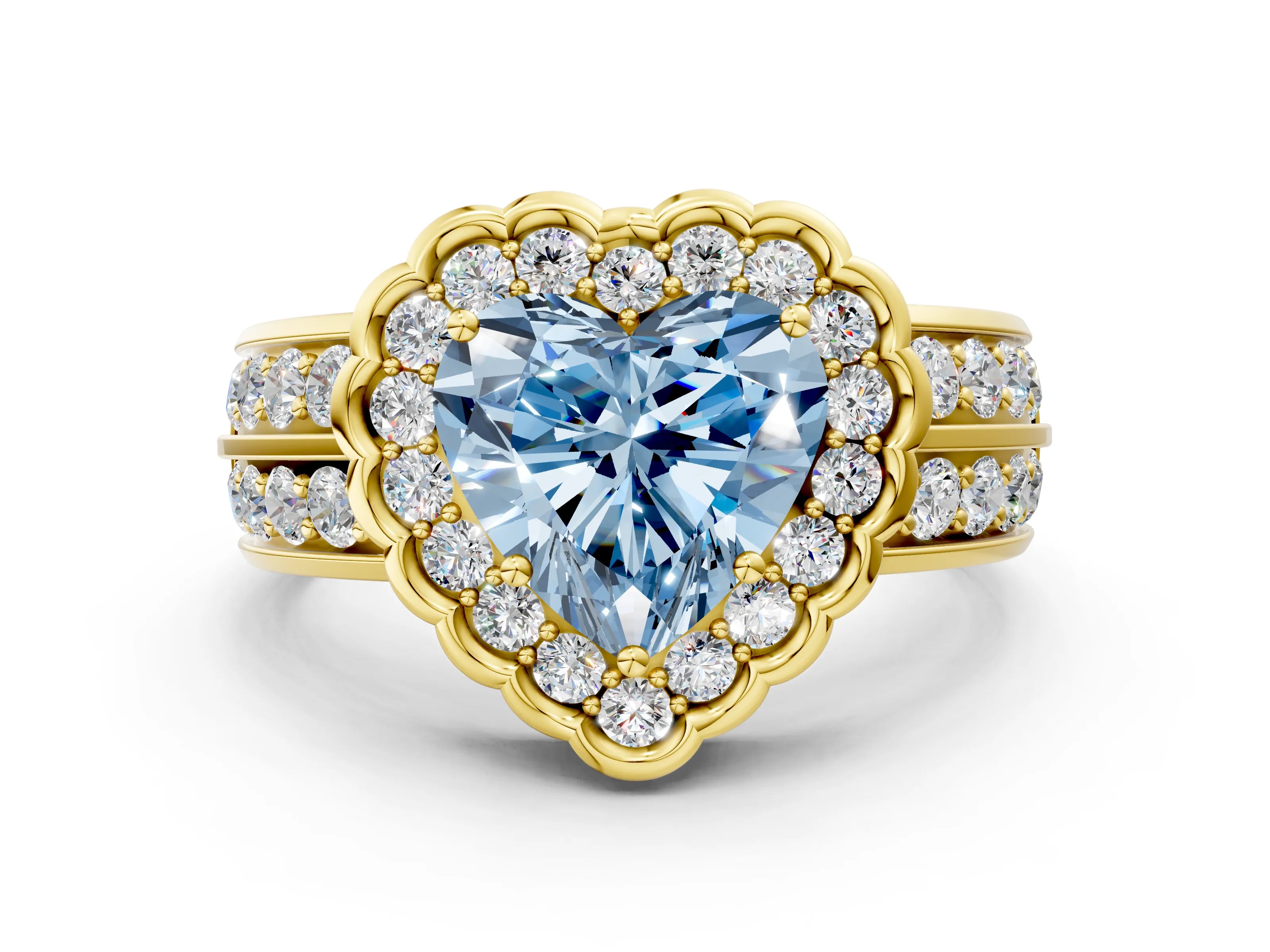 Yellow gold Fancy Blue Heart Cut Halo Diamond Split Shank Ring with Scalloped Prong Setting