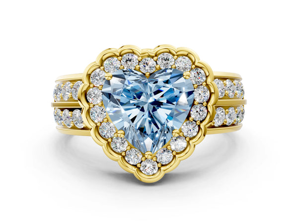 Yellow gold Fancy Blue Heart Cut Halo Diamond Split Shank Ring with Scalloped Prong Setting