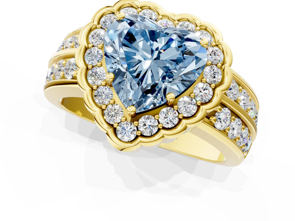 Yellow gold Fancy Blue Heart Cut Halo Diamond Split Shank Ring with Scalloped Prong Setting