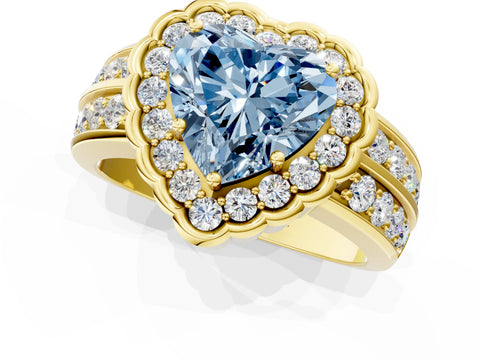 Yellow gold Fancy Blue Heart Cut Halo Diamond Split Shank Ring with Scalloped Prong Setting_1